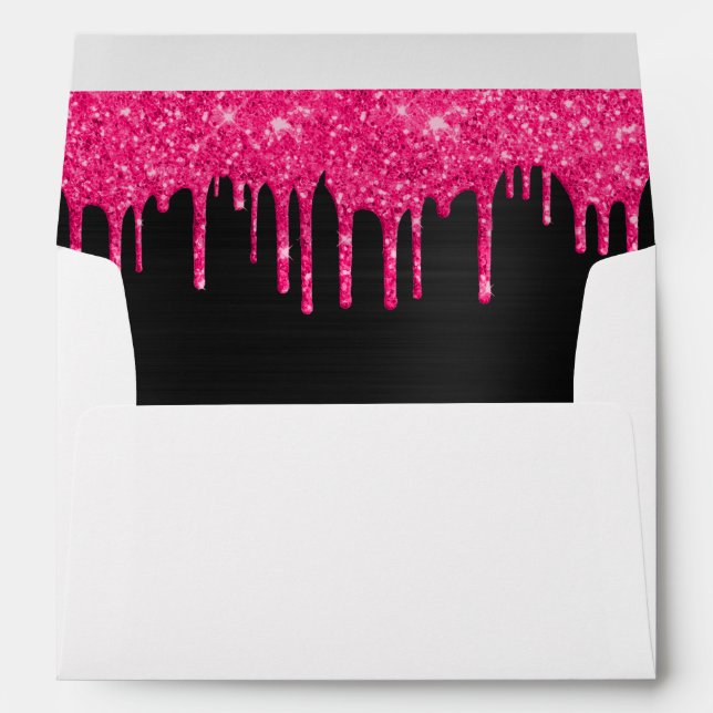 Girly Black Hot Pink Glitter Drips Return Address Envelope (Back (Bottom))