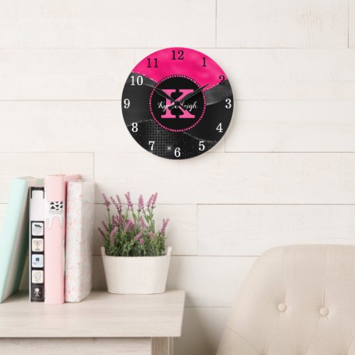 Girly Black Hot Pink Gray Waves Glam Monogram Name Large Clock