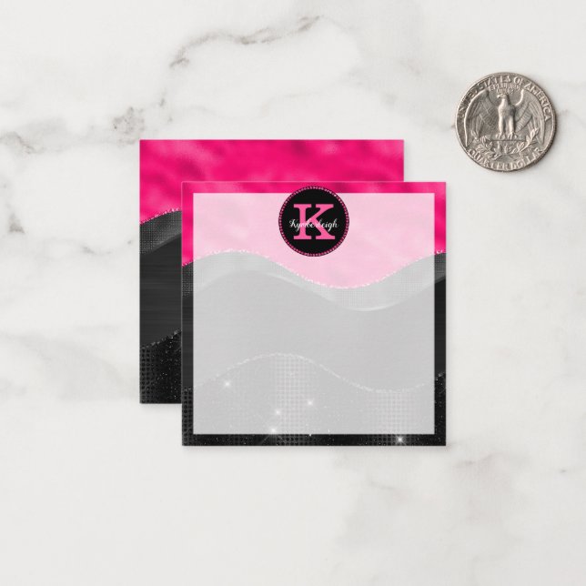 Girly Black Hot Pink Gray Waves Glam Monogram Name Note Card (Front/Back In Situ)