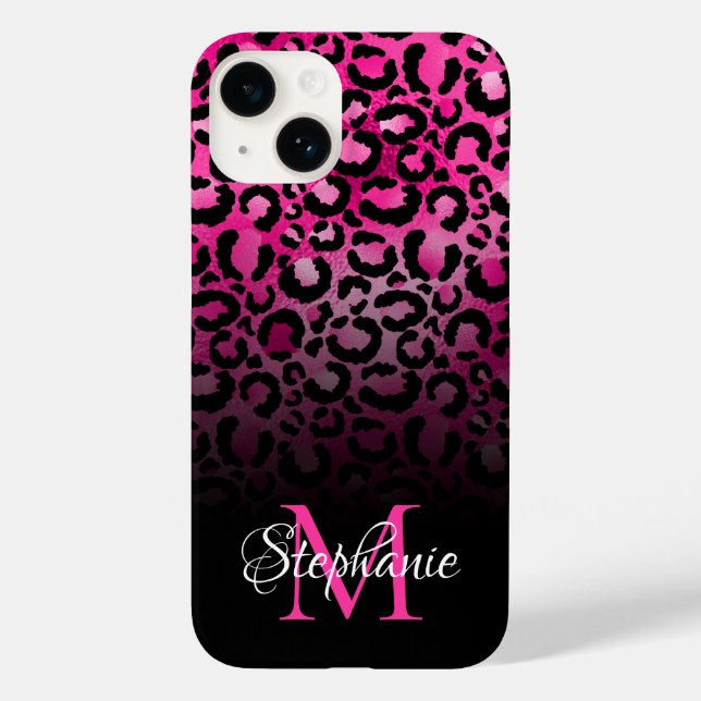 Girly Black Hot Pink Leopard Ombre Monogram Case-Mate iPhone Case (Back)