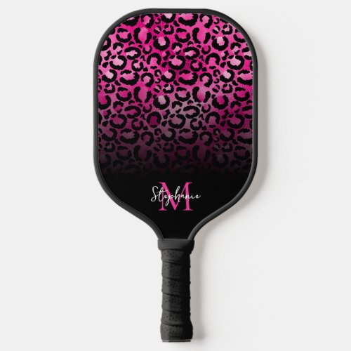 Girly Black Hot Pink Leopard Ombre Monogram Pickleball Paddle