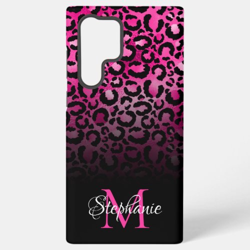 Girly Black Hot Pink Leopard Ombre Monogram Samsung Galaxy S22 Ultra Case