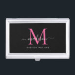 Girly Black Hot Pink Magenta Monogram Script Name Business Card Case<br><div class="desc">Elegant Black Hot Pink Magenta Monogram Girly Script Name Business Card Case</div>