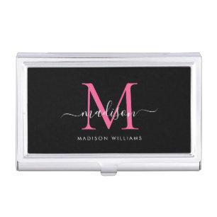 Girly Black Hot Pink Magenta Monogram Script Name Business Card Case