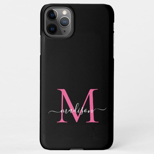 Girly Black Hot Pink Monogram Feminine Script Name iPhone 11Pro Max Case