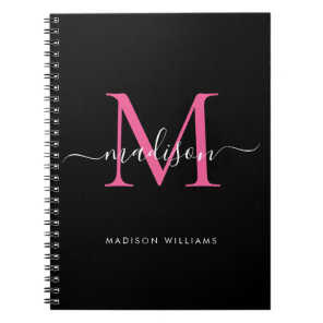 Girly Black Hot Pink Monogram Script Name Initial Notebook