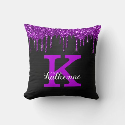 Girly Black Hot Purple Glitter Drips Monogram Name Throw Pillow