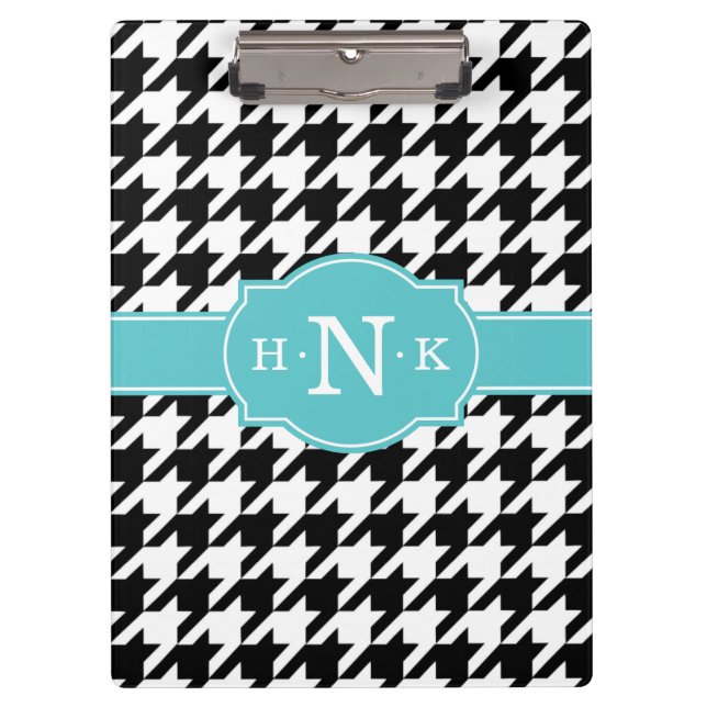 Girly Black Houndstooth Blue Monogram Clipboard (Front)
