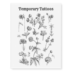 Girly Black Line Tiny Vintage Flower Temporary Tattoos