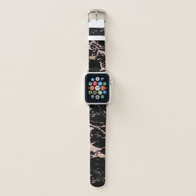Girly Black Marble Rose Gold Foil Apple Watch Band (Front)