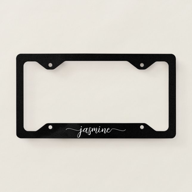 Girly Black Monogram Calligraphy Signature Script License Plate Frame (Front)