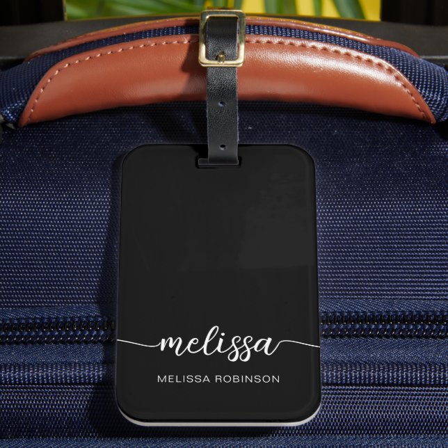 Girly Black Monogram Name Signature Script  Luggage Tag (Front Insitu 2)