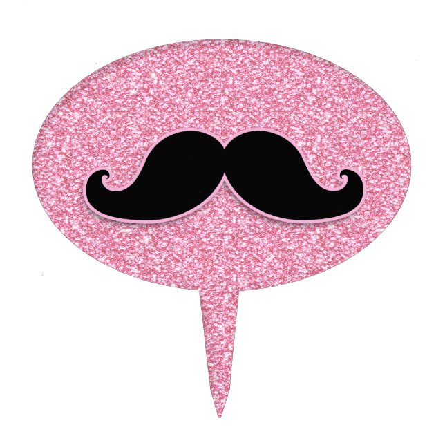 GIRLY BLACK MUSTACHE PINK GLITTER PRINTED CAKE TOPPER (Front)