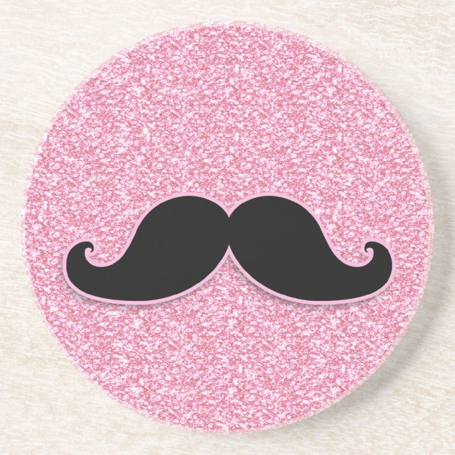GIRLY BLACK MUSTACHE PINK GLITTER PRINTED DRINK COASTER (Front)