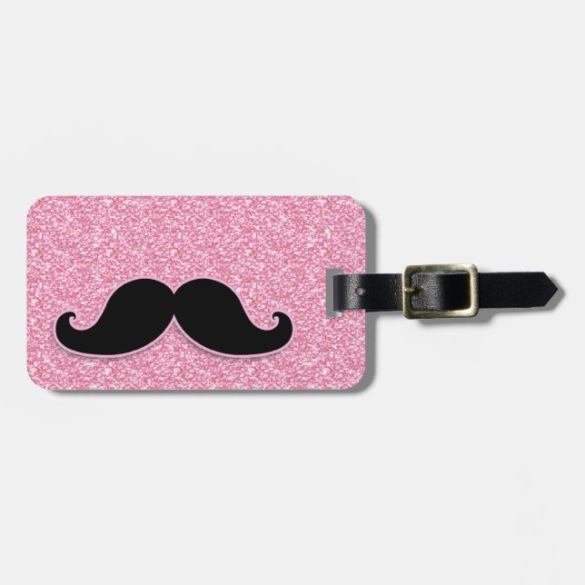 GIRLY BLACK MUSTACHE PINK GLITTER PRINTED LUGGAGE TAG (Front Horizontal)