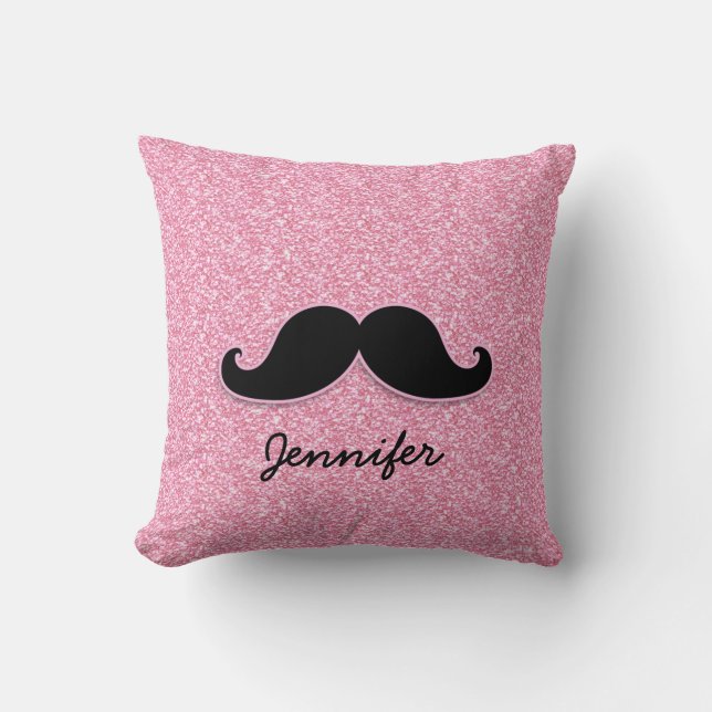 GIRLY BLACK MUSTACHE PINK GLITTER PRINTED THROW PILLOW (Front)