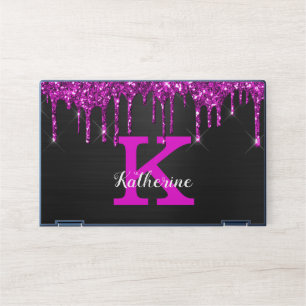 Girly Black Neon Plum Glitter Drips Monogram Name HP Laptop Skin
