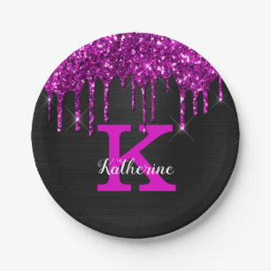 Girly Black Neon Plum Glitter Drips Monogram Name Paper Plates