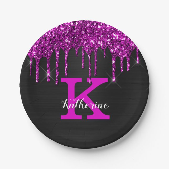 Girly Black Neon Plum Glitter Drips Monogram Name Paper Plates (Front)