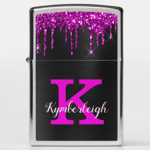 Girly Black Neon Plum Glitter Drips Monogram Name Zippo Lighter