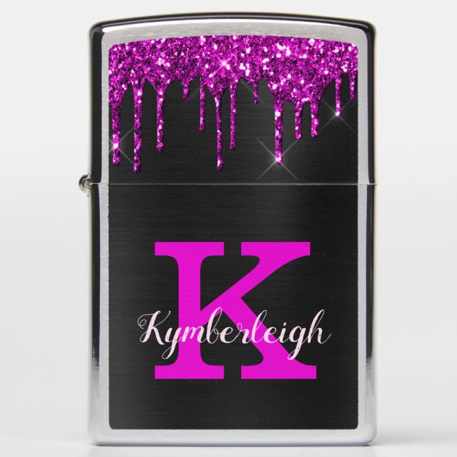 Girly Black Neon Plum Glitter Drips Monogram Name Zippo Lighter (Front)