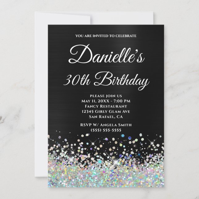 Girly Black Ombre Holo Glitter 30th Birthday Invitation (Front)