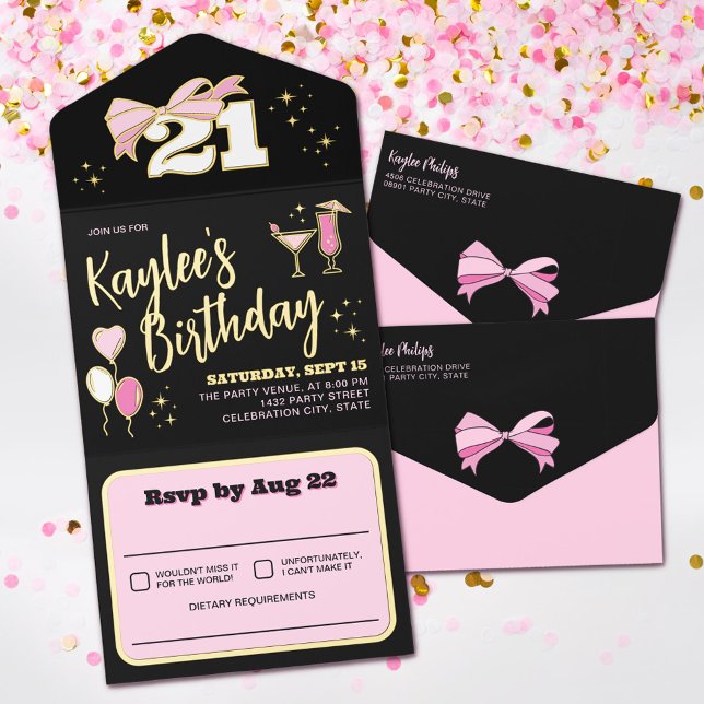 Girly Black Pink Gold Bow 21 Birthday Party All In One Invitation (Creator Uploaded)
