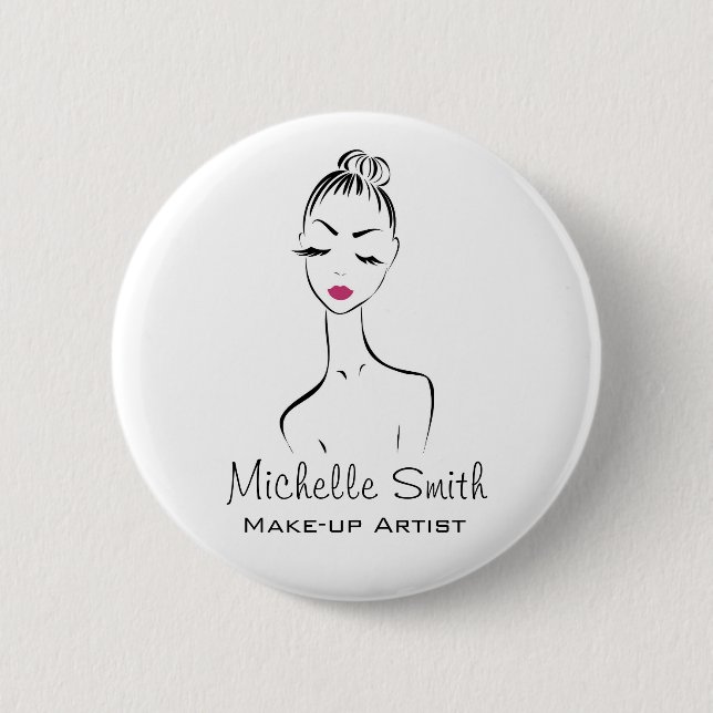 Girly Black Pink Lash & Beauty Salon Line Art  Button (Front)