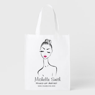 Girly Black Pink Lash & Beauty Salon Line Art  Grocery Bag