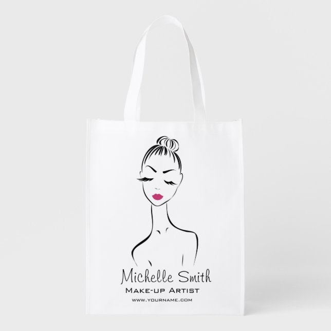 Girly Black Pink Lash & Beauty Salon Line Art  Grocery Bag (Front)