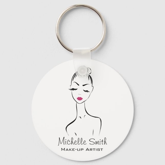 Girly Black Pink Lash & Beauty Salon Line Art  Keychain (Front)