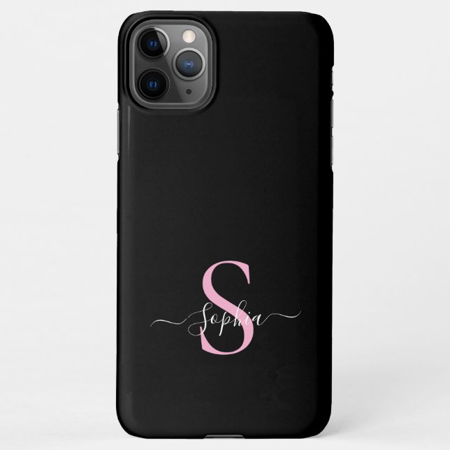 Girly Black Pink Monogram Stylish Script Name iPhone Case (Back)