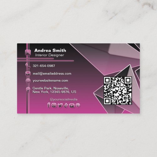 Girly Black Pink QR Code Gradient Modern Chic 3D  Business Card