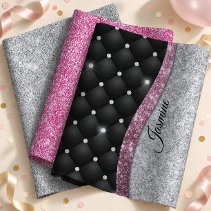 Girly Black Pink Silver Faux Glitter Monogram Wrapping Paper Sheets