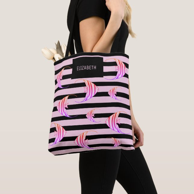 Girly Black Pink Striped Angel Fish Personalized  Tote Bag (Close Up)