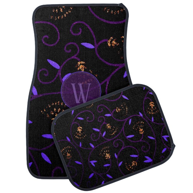 Girly Black Purple and Gold Monogrammed Car Floor Mat (Set)