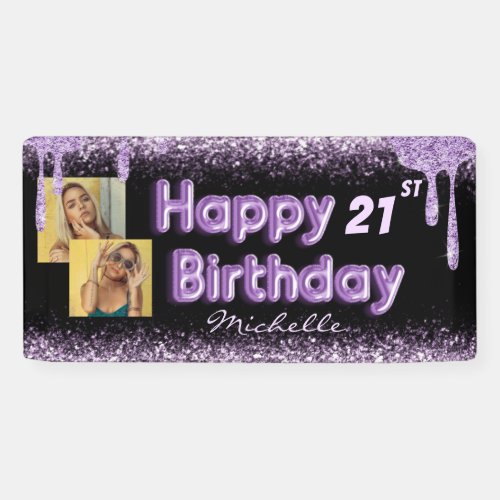 Girly Black  Purple Glitter Any Birthday Banner