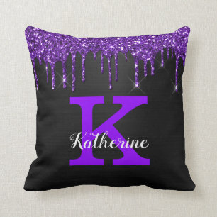 Girly Black Purple Glitter Drips Monogram Name Throw Pillow