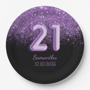 Girly Black & Purple Glitter Sparkle 21 Birthday Paper Plates