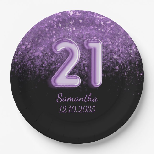 Girly Black & Purple Glitter Sparkle 21 Birthday  Paper Plates (Front)