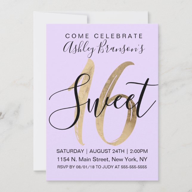 Girly Black Purple Gold Foil Sweet 16 Invitation (Front)
