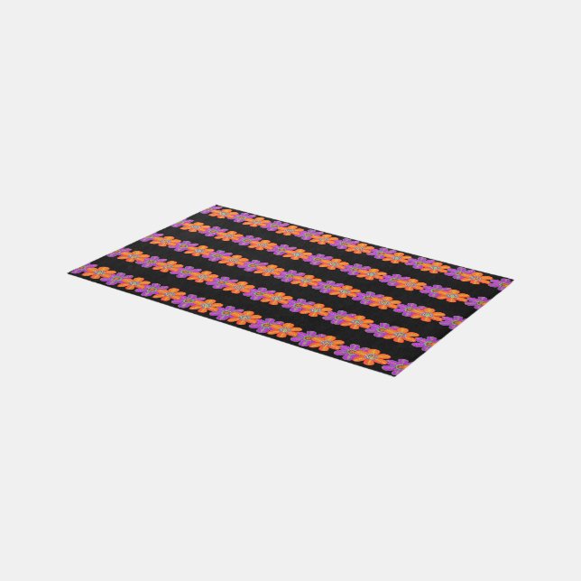 Girly Black Purple Orange Flowers Pattern Rug (Angled)