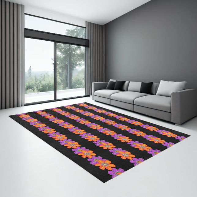 Girly Black Purple Orange Flowers Pattern Rug (Insitu (Indoor 3))