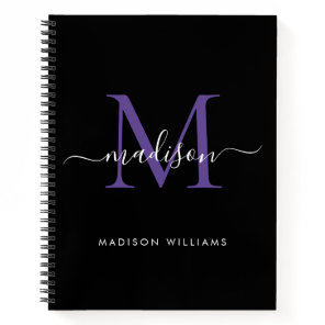 Girly Black Purple Violet Monogram Script Name Notebook
