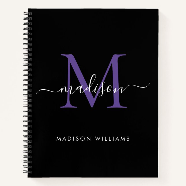 Girly Black Purple Violet Monogram Script Name Notebook (Front)