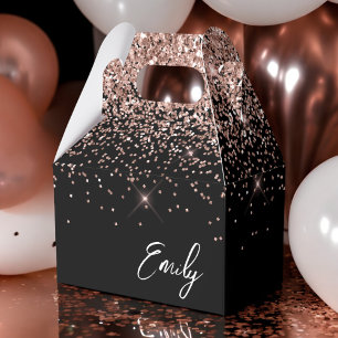 Girly Black Rose Gold Blush Glitter Monogram Favor Boxes