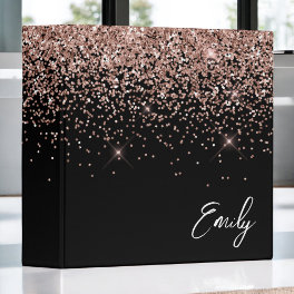 Girly Black Rose Gold Blush Pink Glitter Monogram 3 Ring Binder