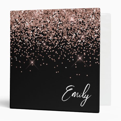 Girly Black Rose Gold Blush Pink Glitter Monogram 3 Ring Binder