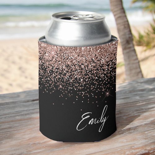 Girly Black Rose Gold Blush Pink Glitter Monogram Can Cooler