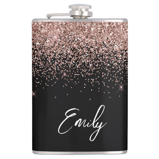 Girly Black Rose Gold Blush Pink Glitter Monogram Flask (Front)